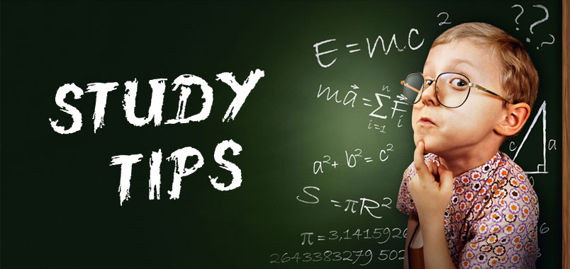 Kid next to a chalkboard that says "Study Tips"