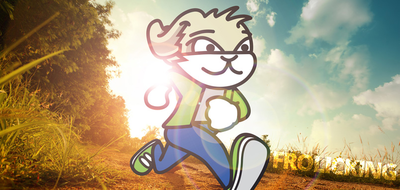 Rush the Rabbit running with the sun in the background