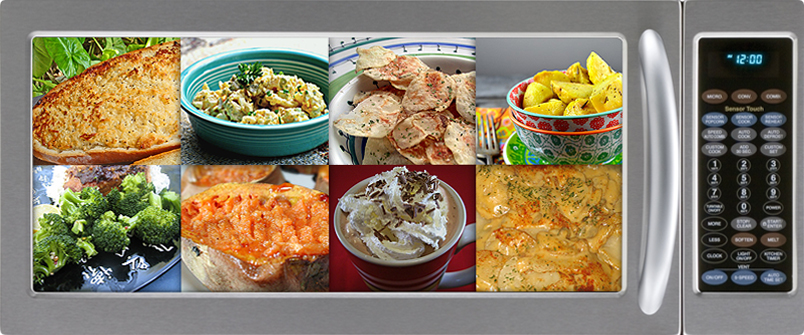 Collage of food in a microwave