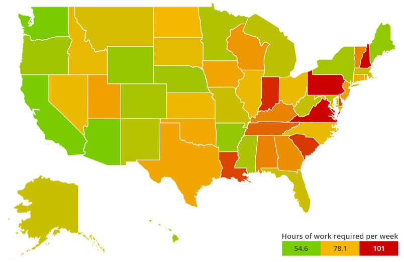Heatmap of hours required to work each week to pay your way through college