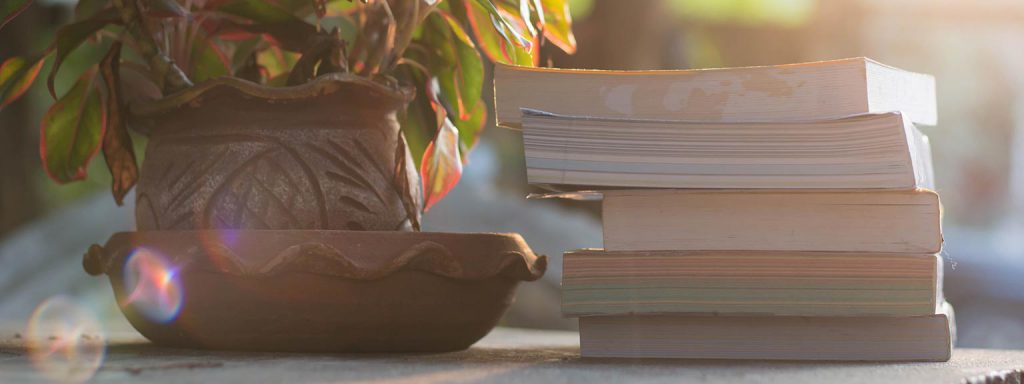 A pile of used textbooks next to a plant