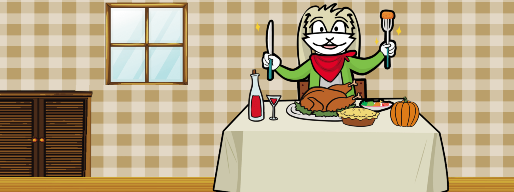 Rush the rabbit eating Thanksgiving dinner