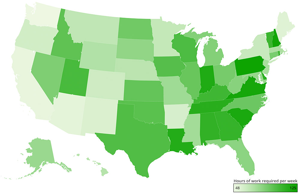 Heatmap of hours needed to work to afford tuition in each state