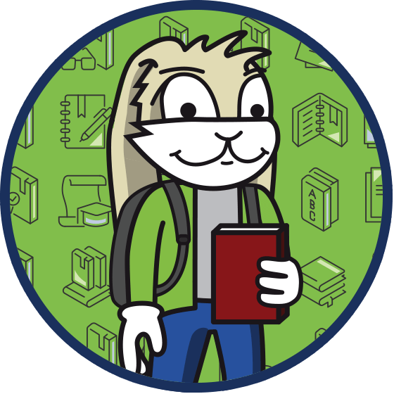 Rush the rabbit wearing a backpack and holding a book