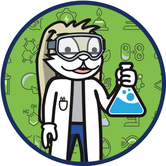 Rush the rabbit in a lab coat, wearing safety goggles and holding a beaker