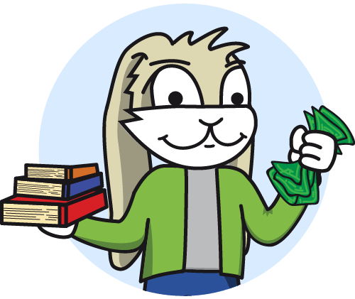 A bunny holding books with cash on the Sell Textbooks page