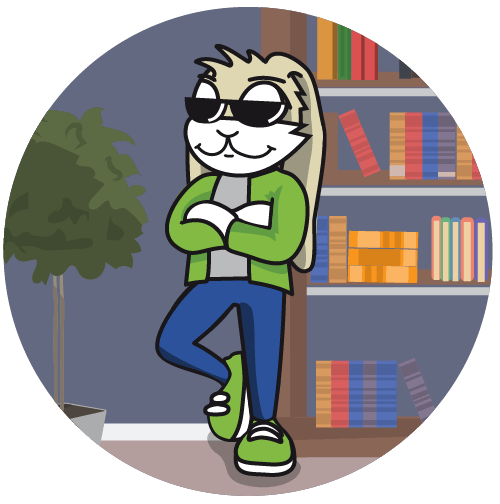Rush the rabbit wearing sunglasses and leaning against a bookshelf